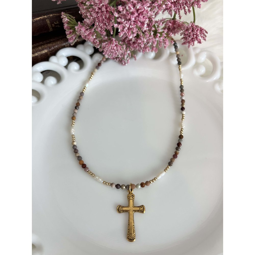 Natural Stone & Pearl Cross Necklace