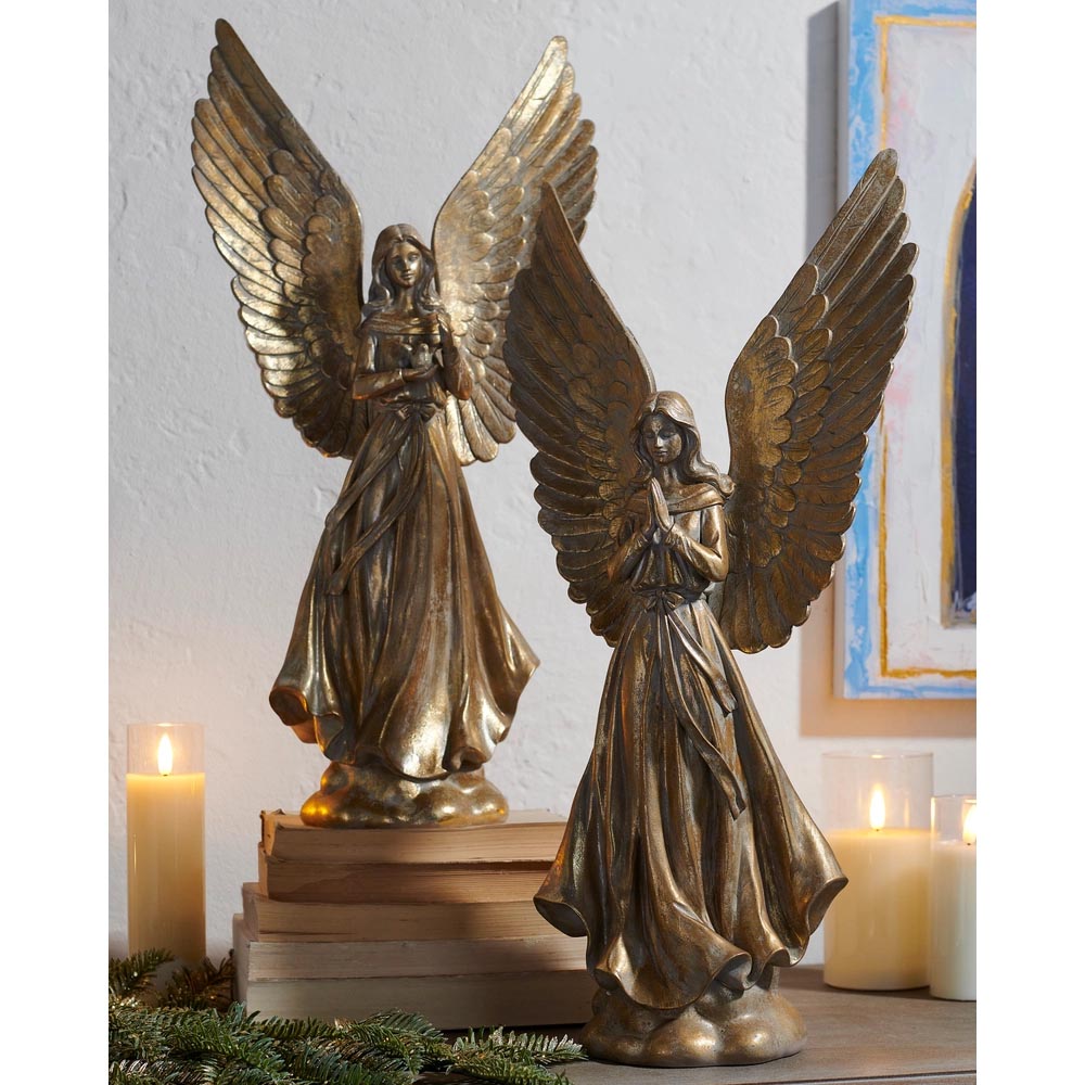 Heavenly Peace Gold Angel Statue Set – 17" (Set of 2)