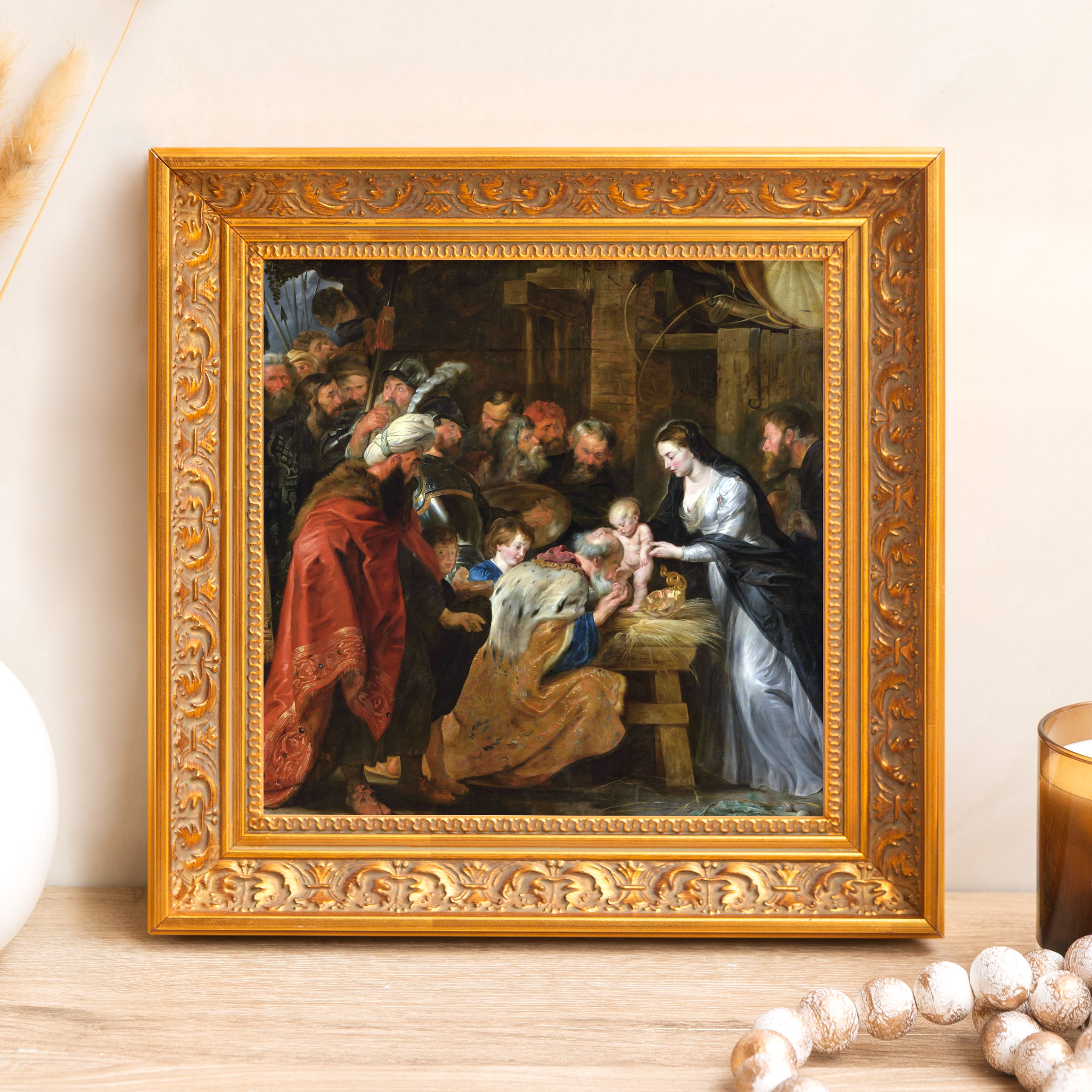 Framed print of a Baroque painting of the Adoration of the Magi with a detailed gold frame.