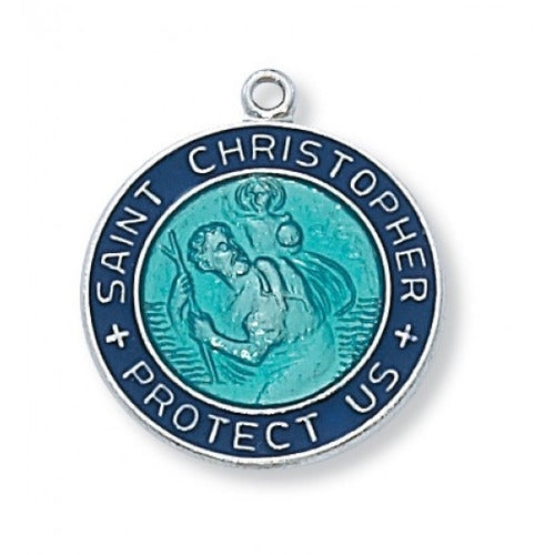 Sterling Silver St. Christopher Blue Medal on 18 inch chain