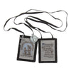 Brown scapular necklace with religious text and imagery, attached metal cross and medal, on a dark cord.