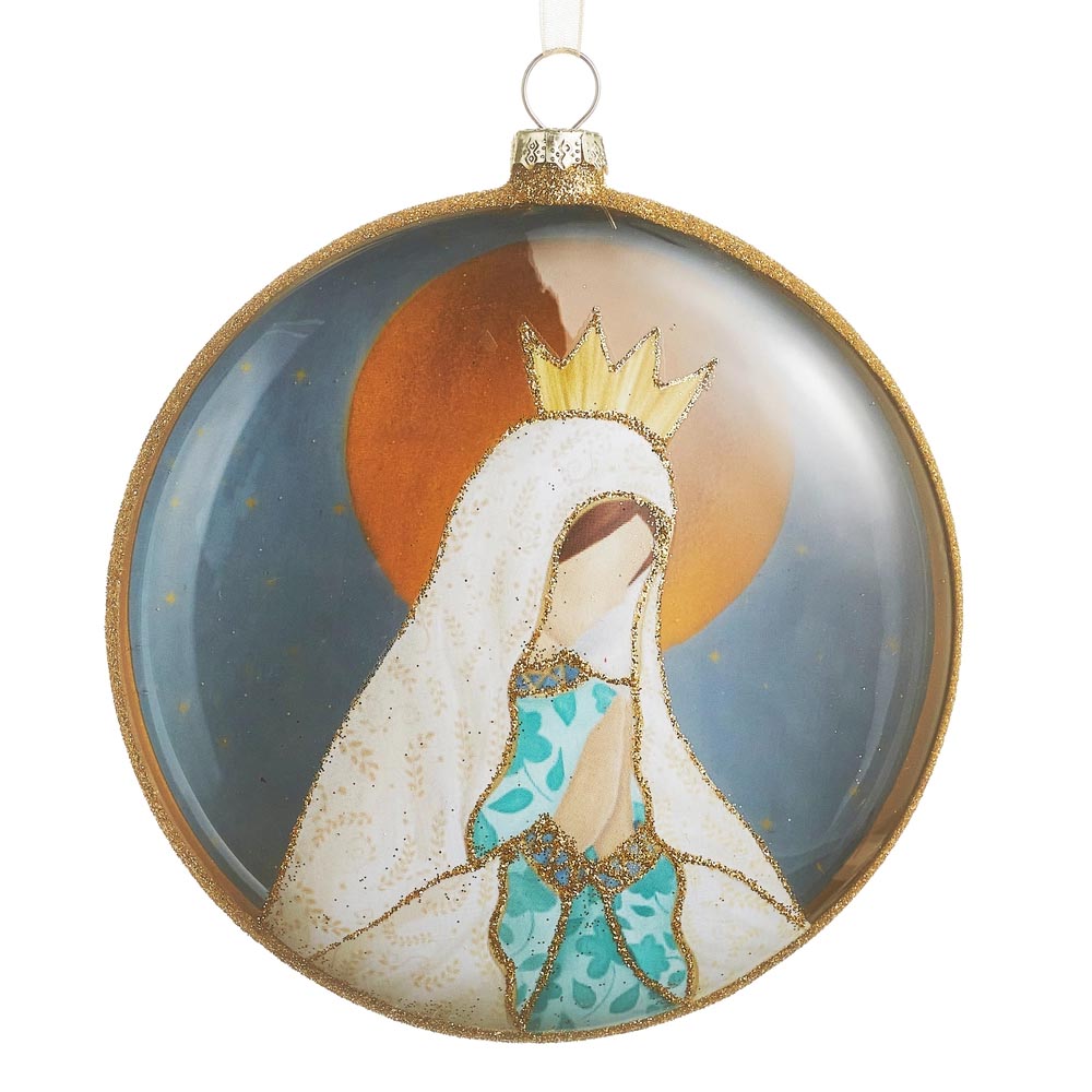 Holy Mother Mary in Prayer Glass Disk Ornament - 4.75"