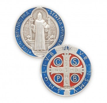 Sterling & Blue Enameled St. Benedict Medal Necklace - 24"