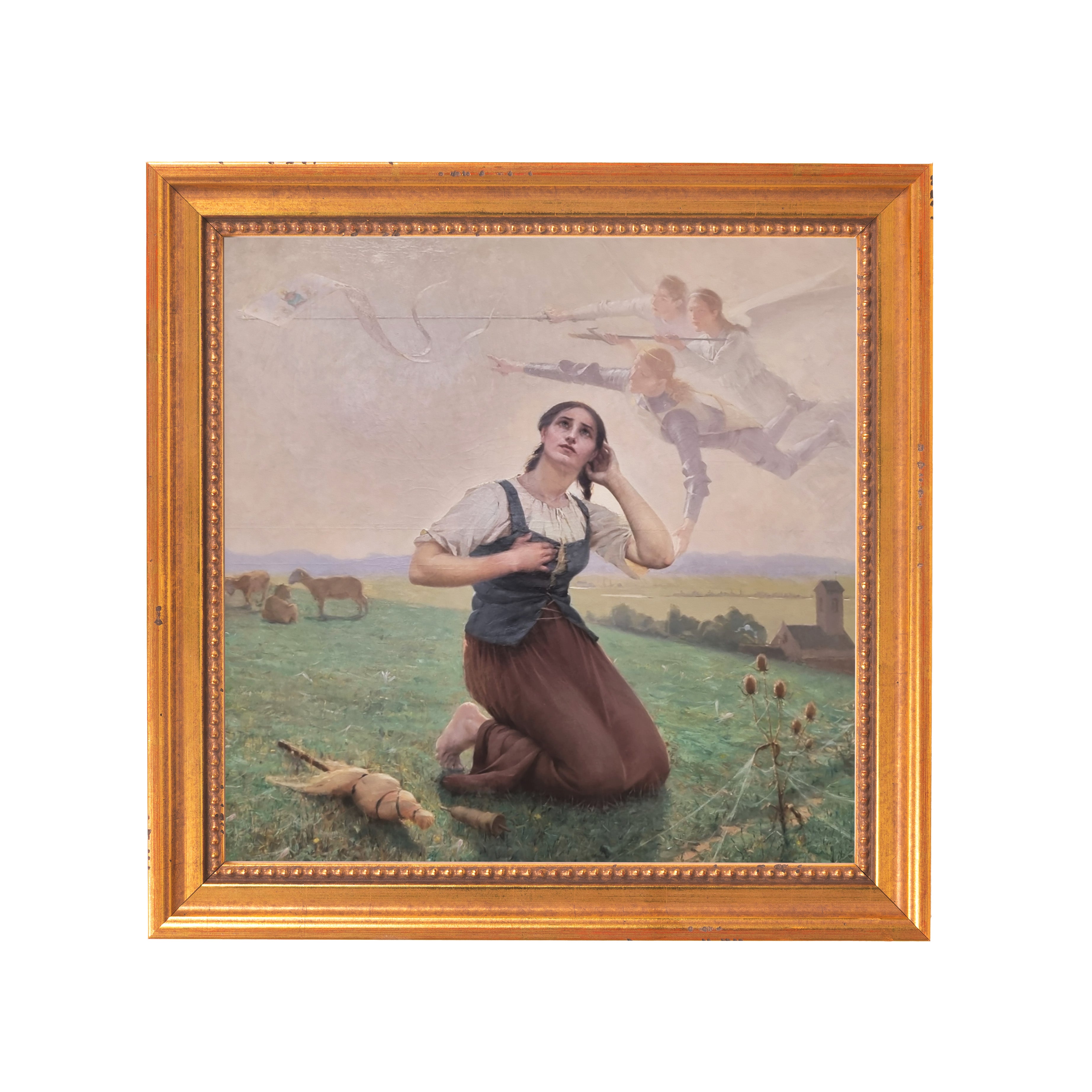 Framed painting of Joan of Arc in brown and green tones with a gold-colored frame.