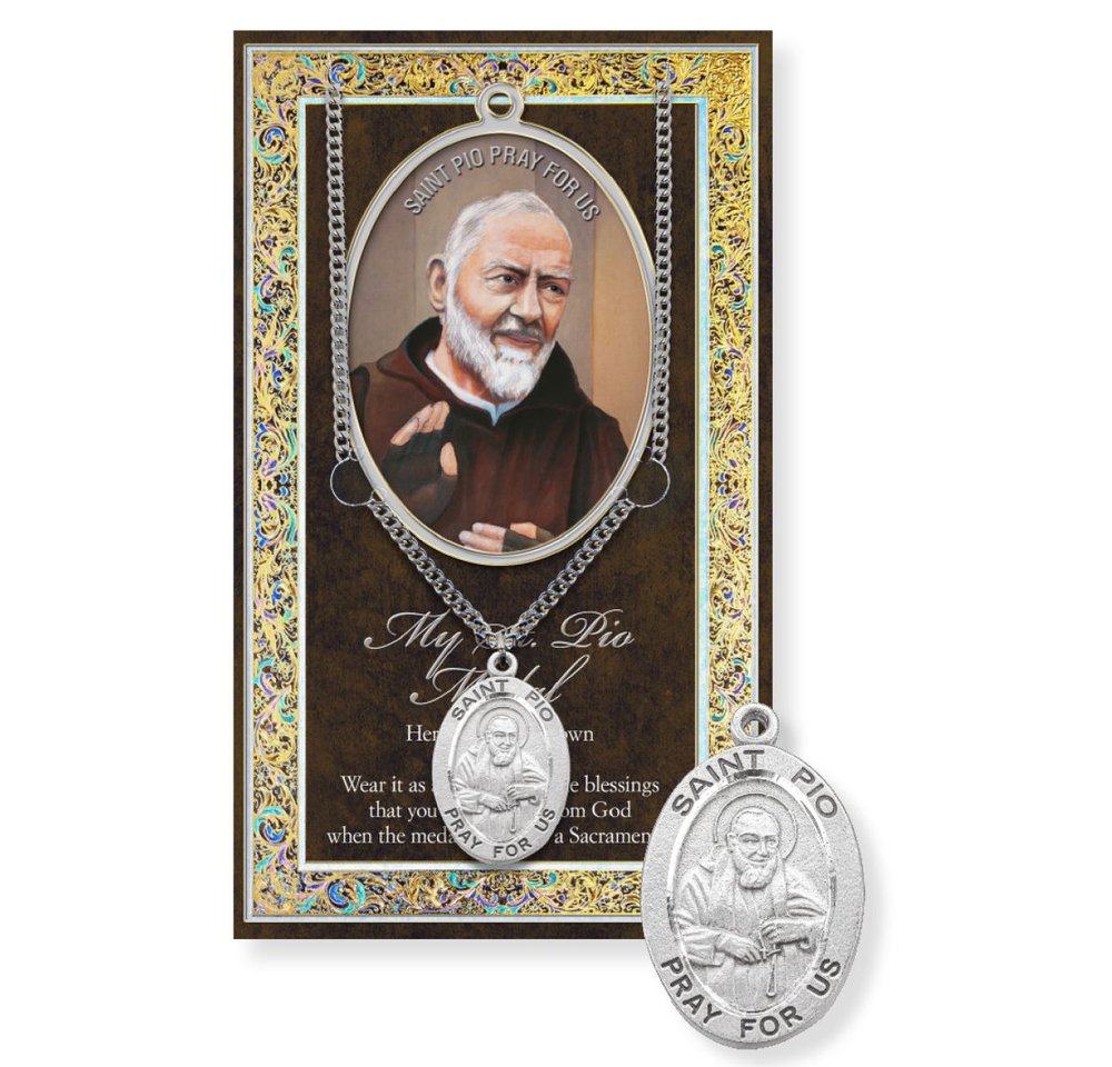 St. Pio Pewter Medal Necklace & Prayer Card Pamphlet - 24"