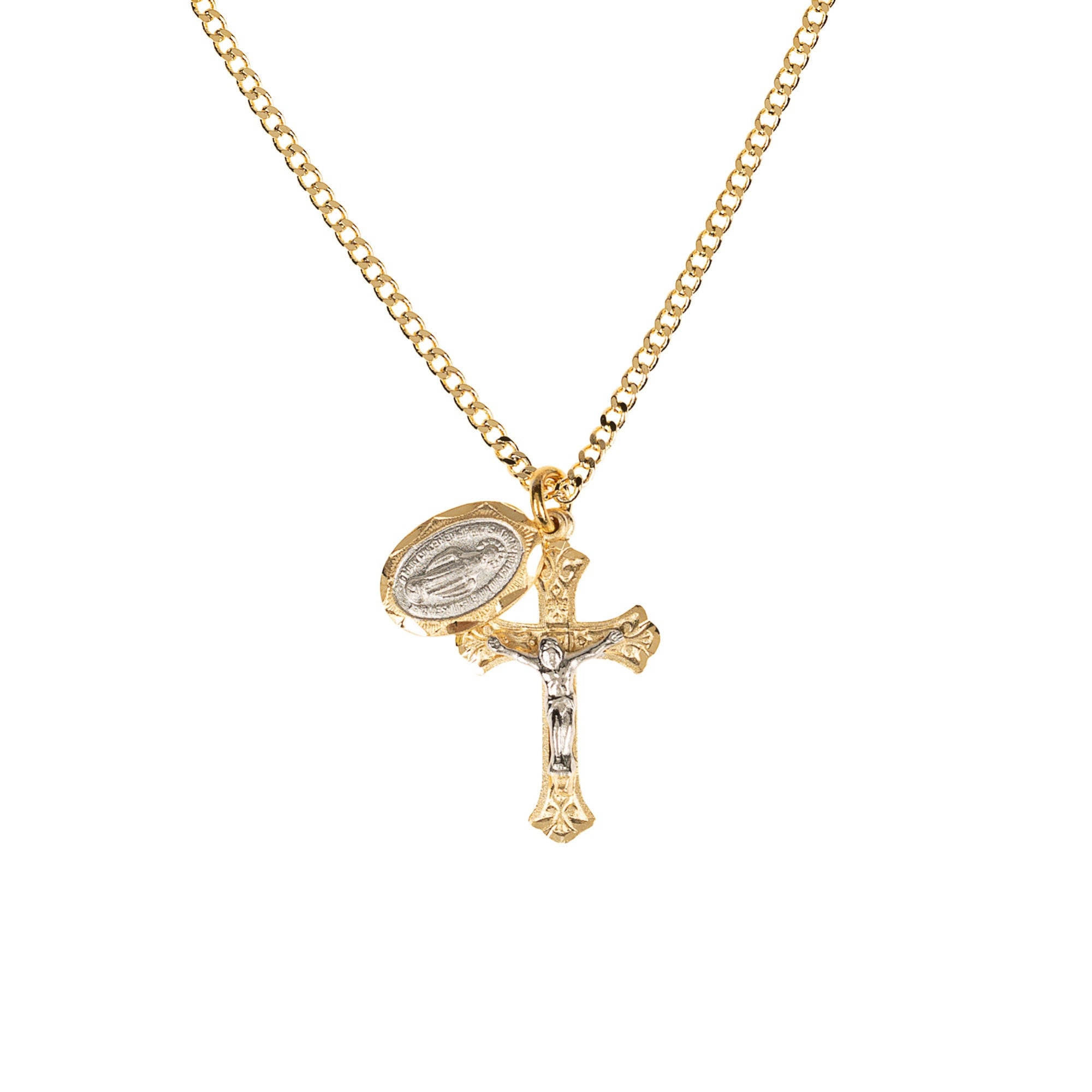 Two-Tone Gold/Sterling Miraculous Medal & Crucifix Necklace