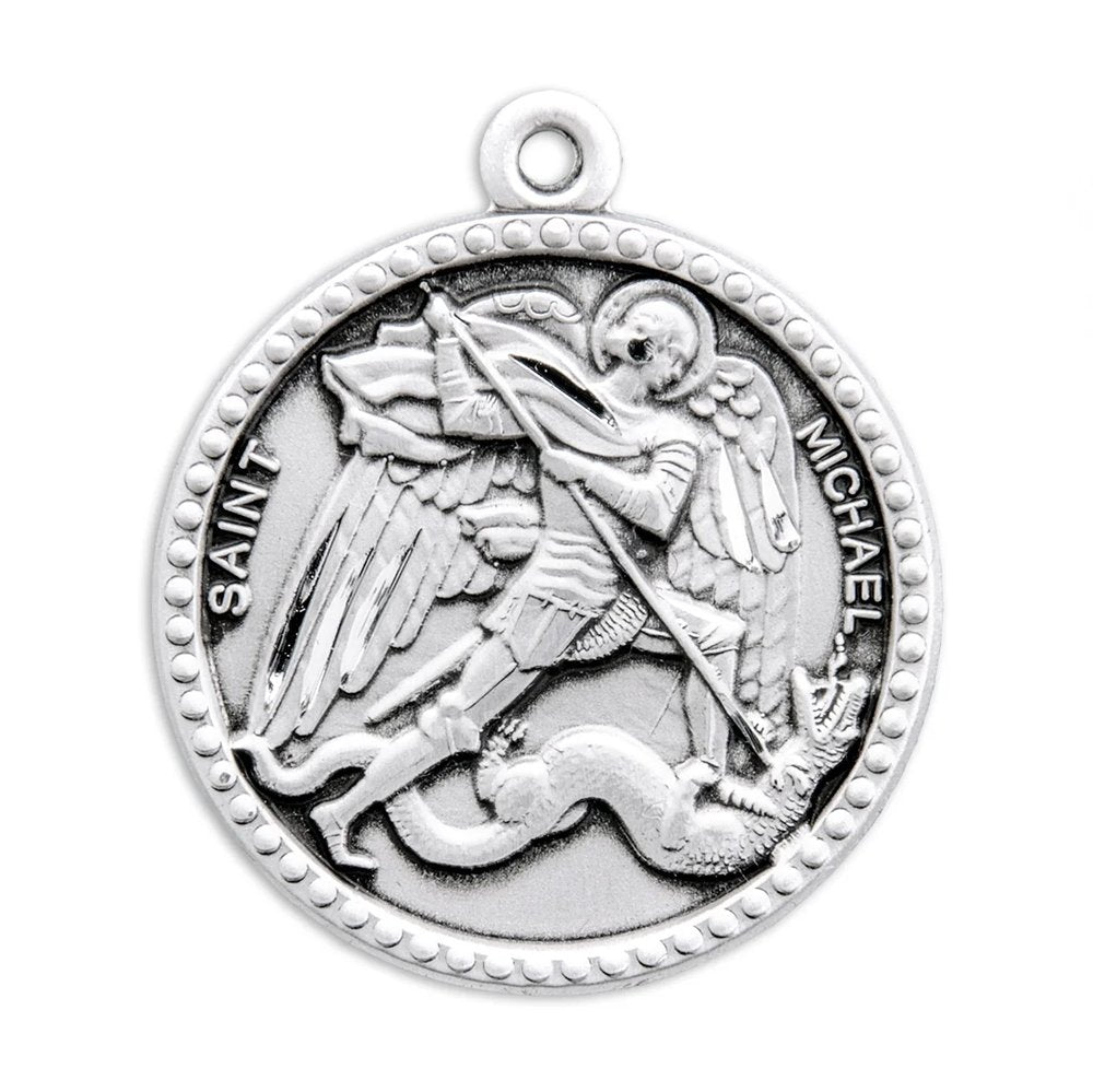 Sterling Silver St. Michael Medal Necklace with Beaded Border