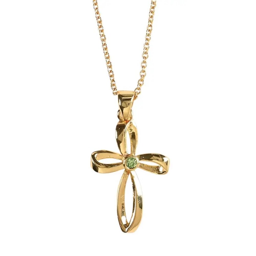 Gold cross pendant necklace with green gem accent.