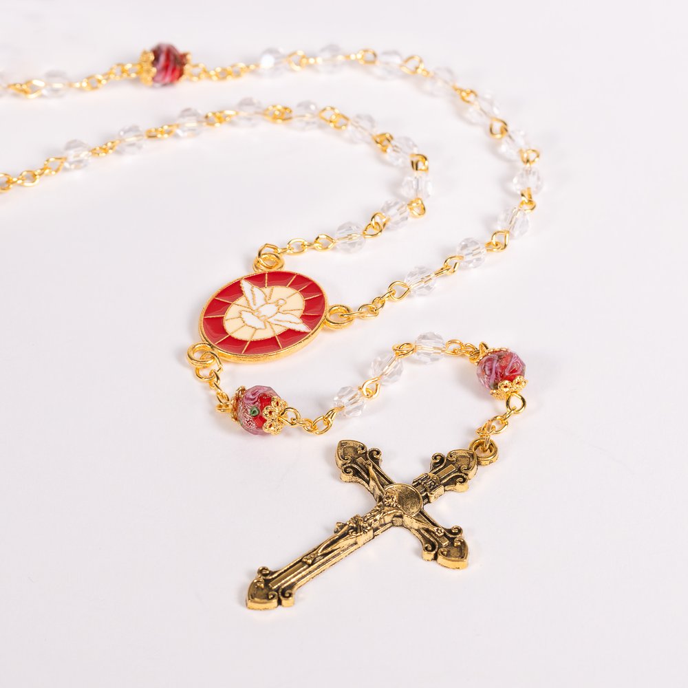 Red Crystal Aurora Borealis Confirmation Rosary With Dove Centerpiece