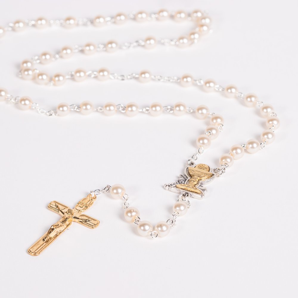 First Communion Gold, Silver & Pearl Rosary with Keepsake Box