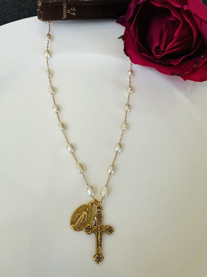 Gold & Freshwater Pearl Miraculous Mary & Crucifix Necklace