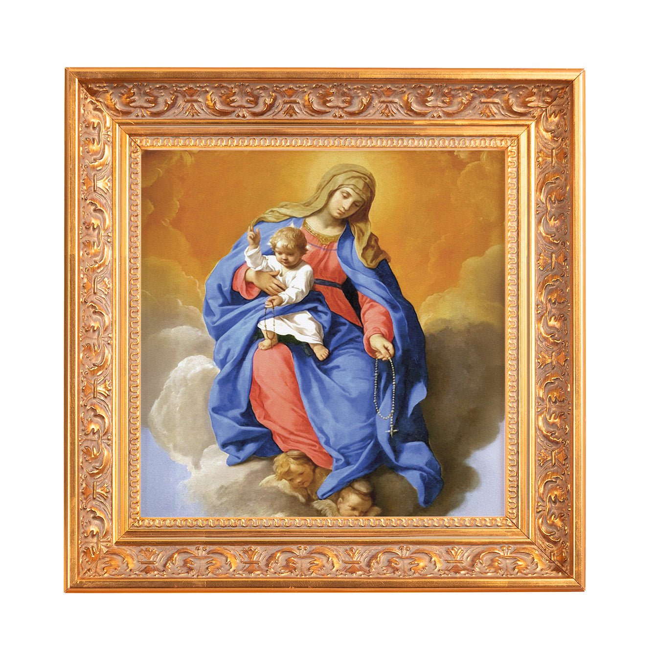 Framed painting of Mary and baby Jesus in a gold ornate frame with blues, reds, and whites on canvas.