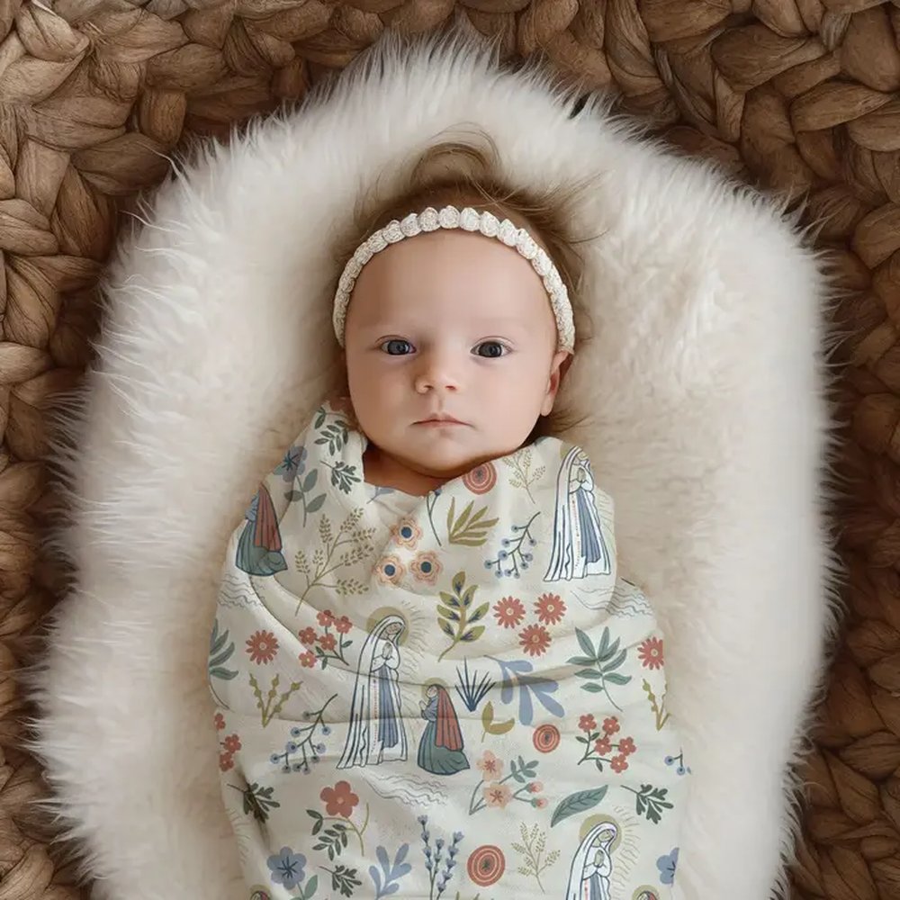 Our Lady of Lourdes & St. Bernadette Beige Muslin Swaddle Blanket