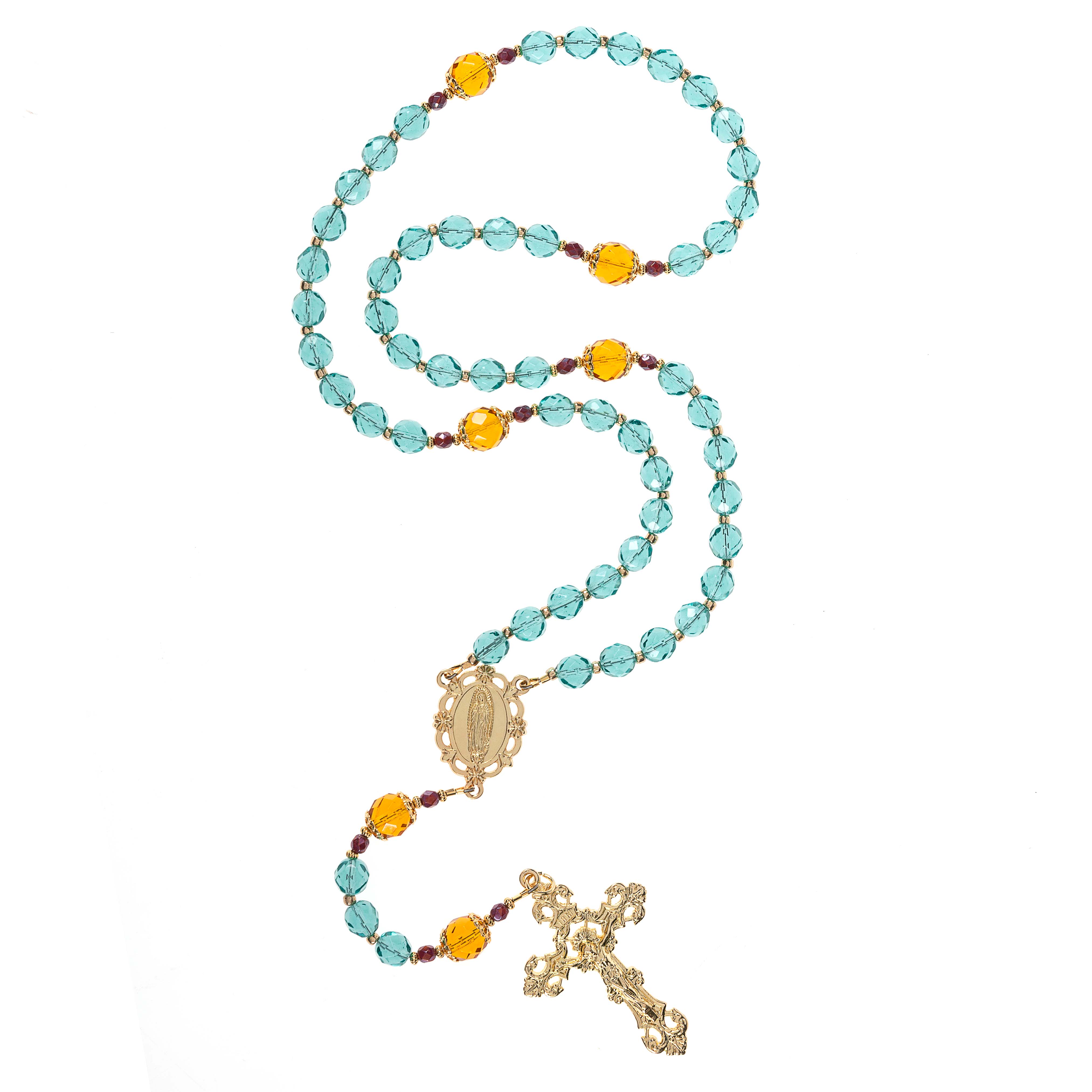 Turquoise Fire Polished Crystal Our Lady of Guadalupe Rosary