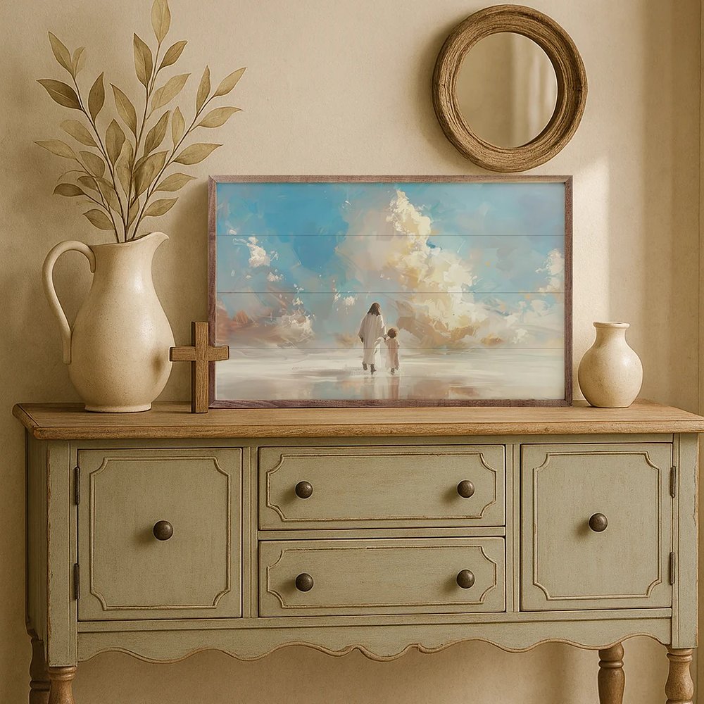 Jesus Walking with Little Boy Framed Art