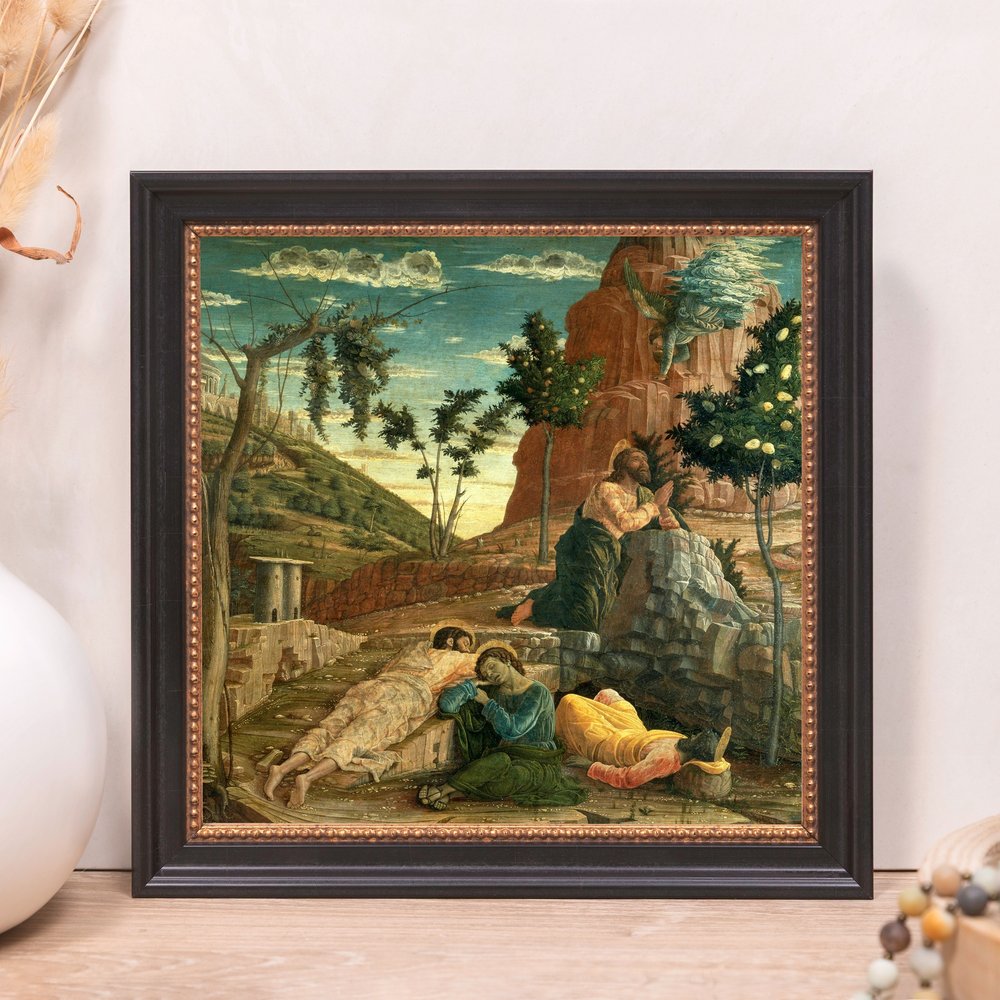 Framed "Agony in the Garden" print; dark frame, religious painting in Renaissance style.