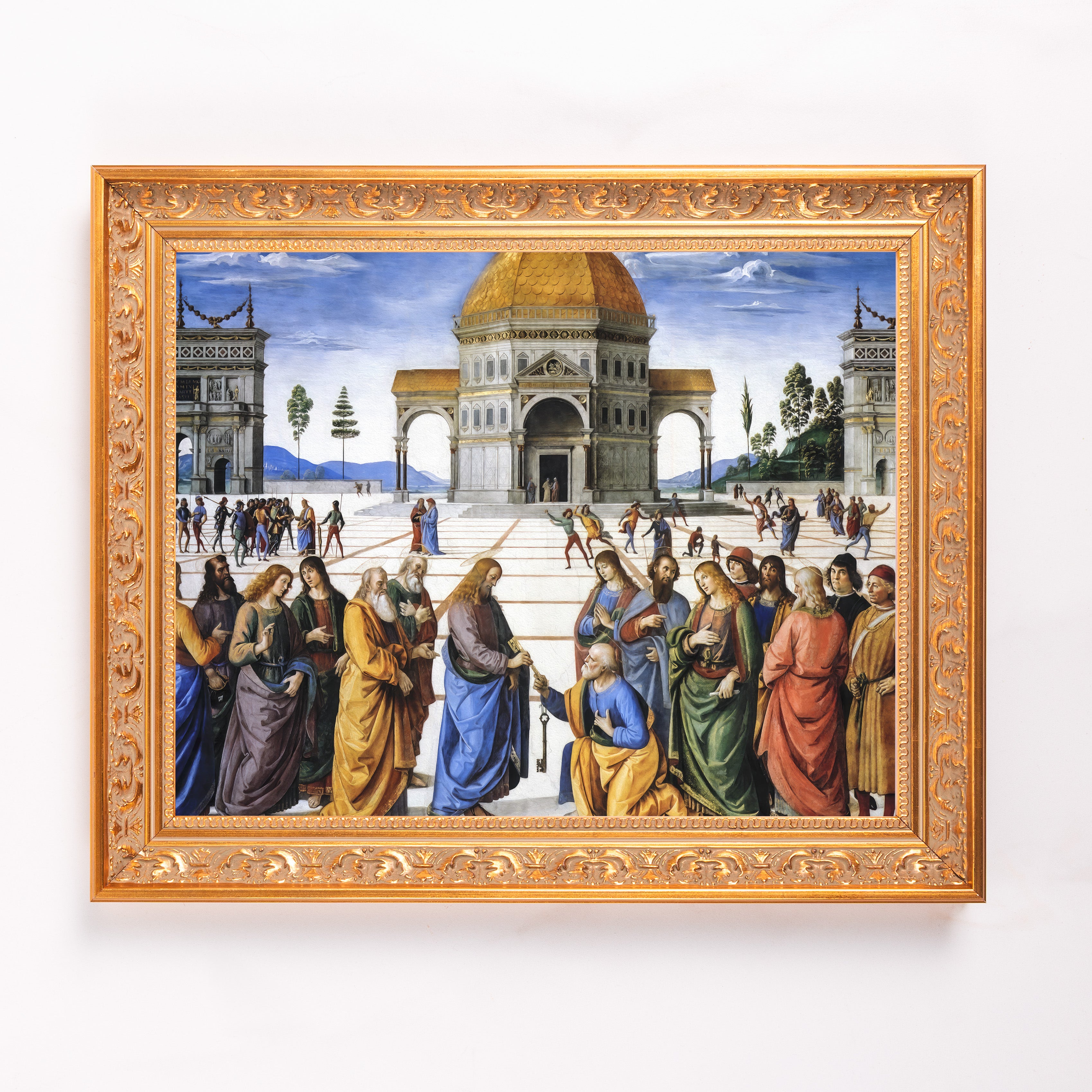 Framed artwork depicting biblical scene, Transfer of the Keys, by Perugino with a gold frame.