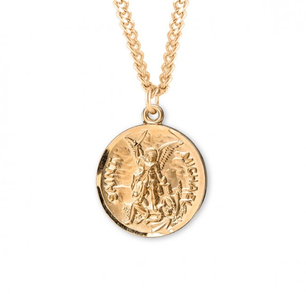 Gold, Saint Michael pendant necklace, oval shaped with chain.