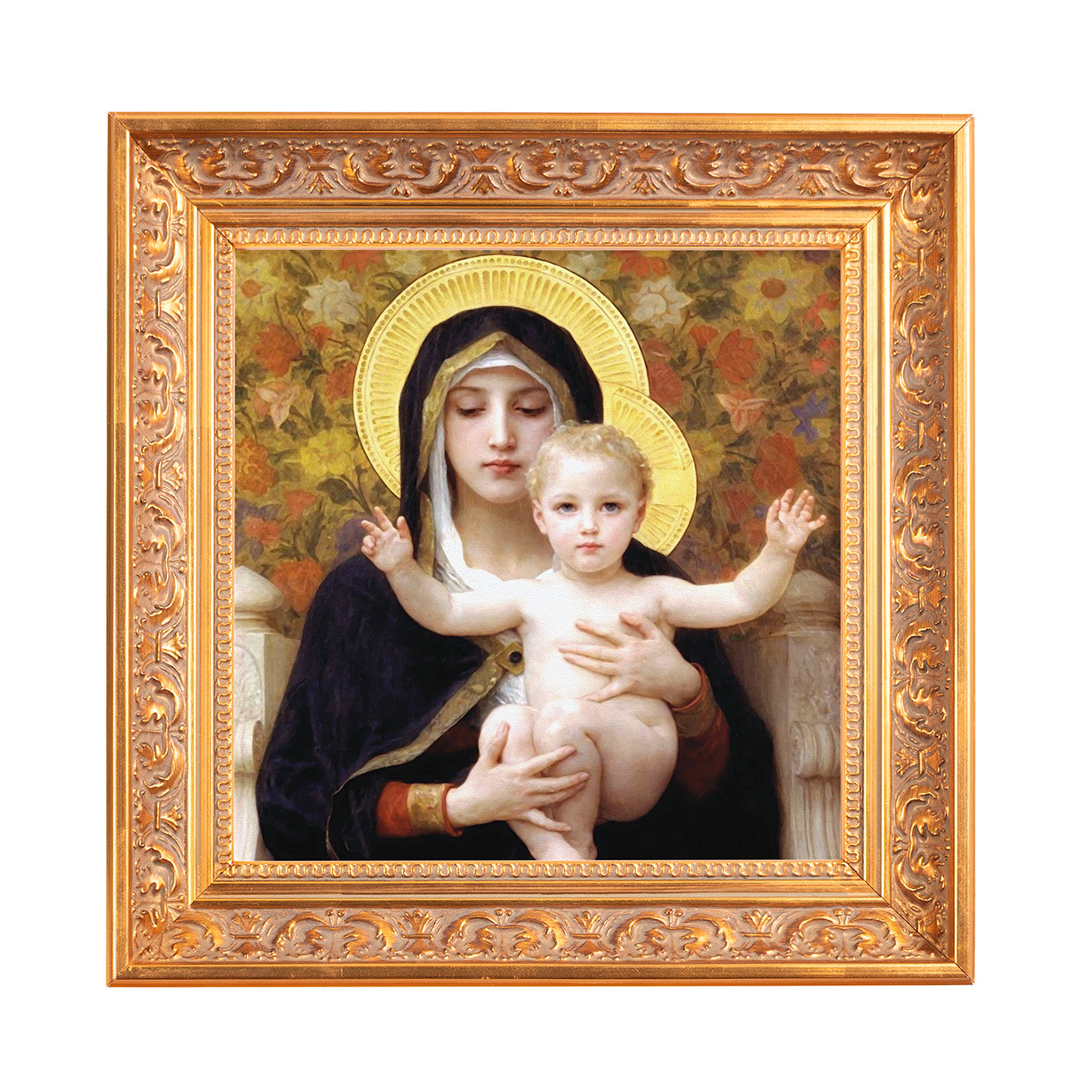 Framed print of Mary and baby Jesus with gold halo, ornate gold frame.