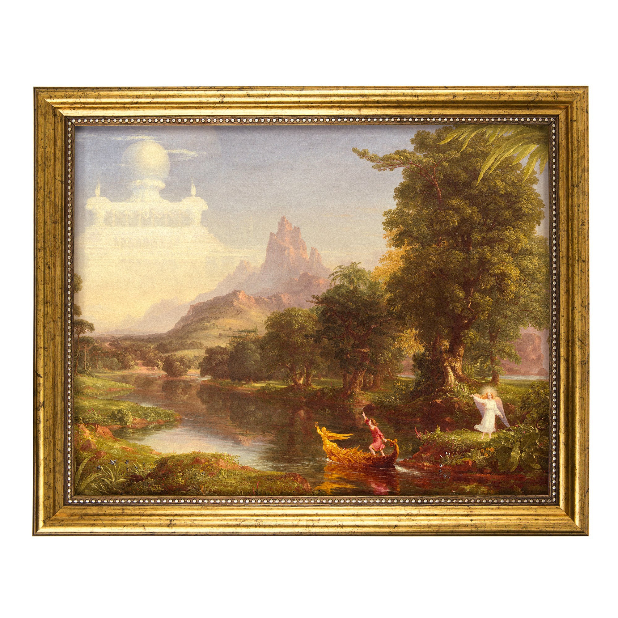Framed Painting of "The Voyage of Life: Youth" by Thomas Cole in gold frame.