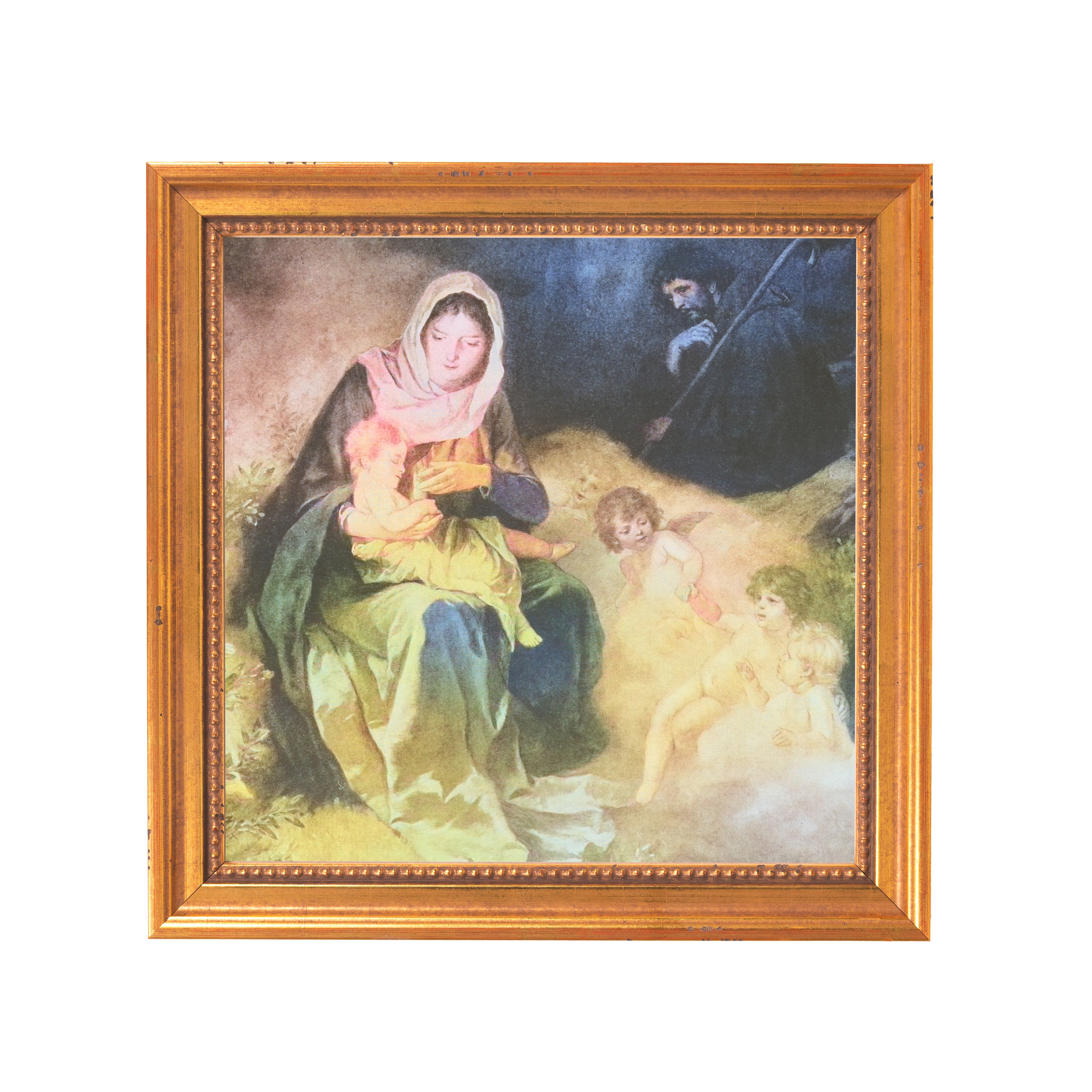 Framed painting of Mary and Jesus with angels, gold frame.