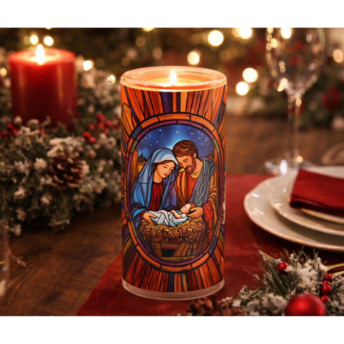 Holy Family Stained Glass Style Candle Holder with 3" LED Candle