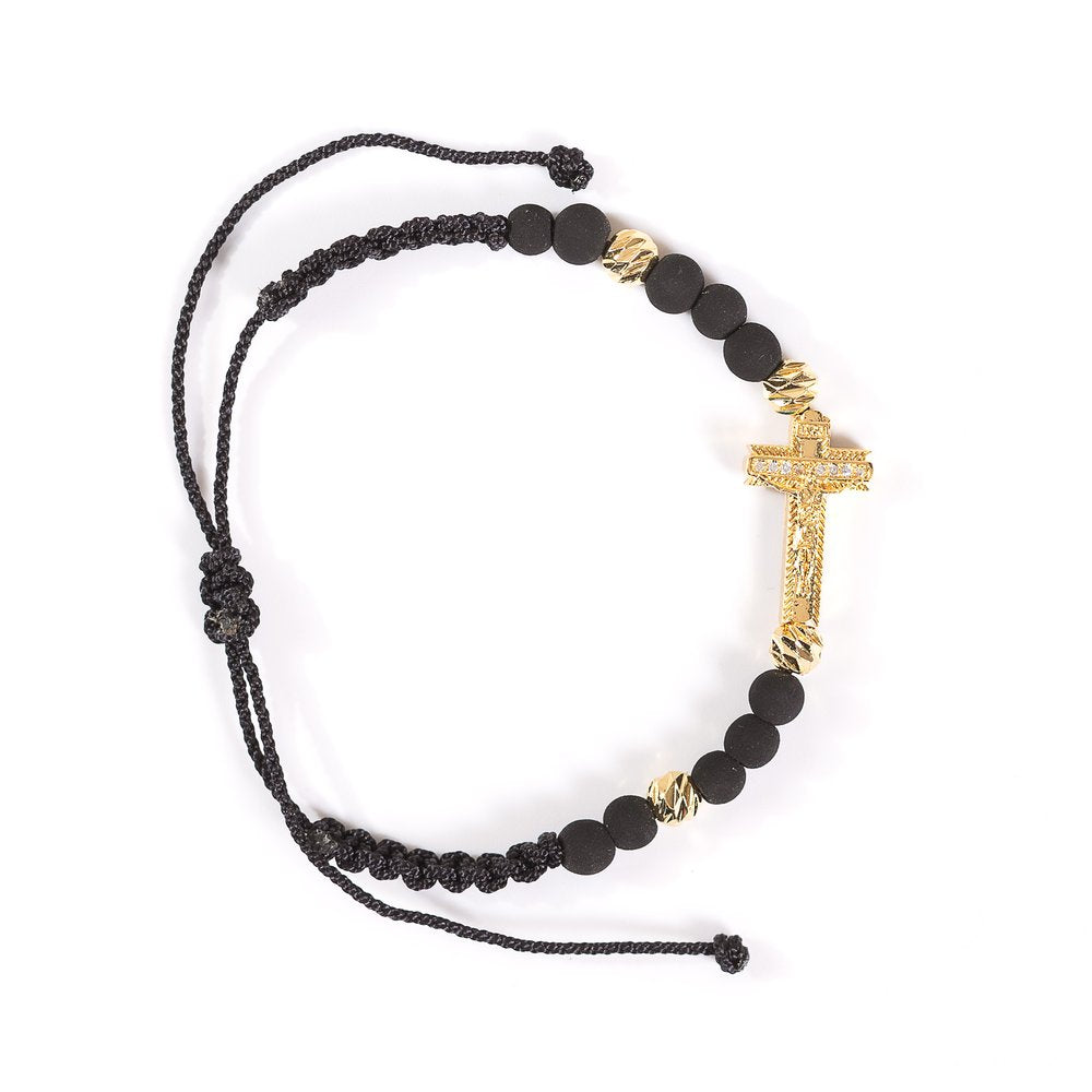 Black Cord Bracelet with Gold Crucifix