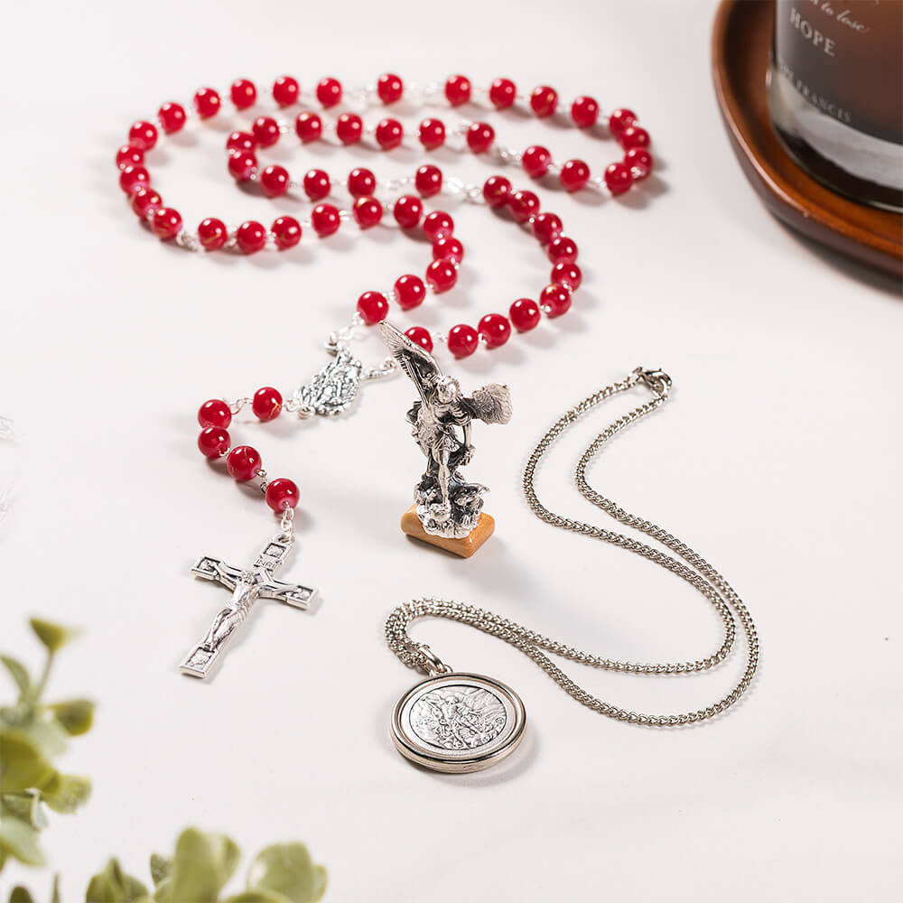 St. Michael Rosary, Necklace, & Figurine Gift Set