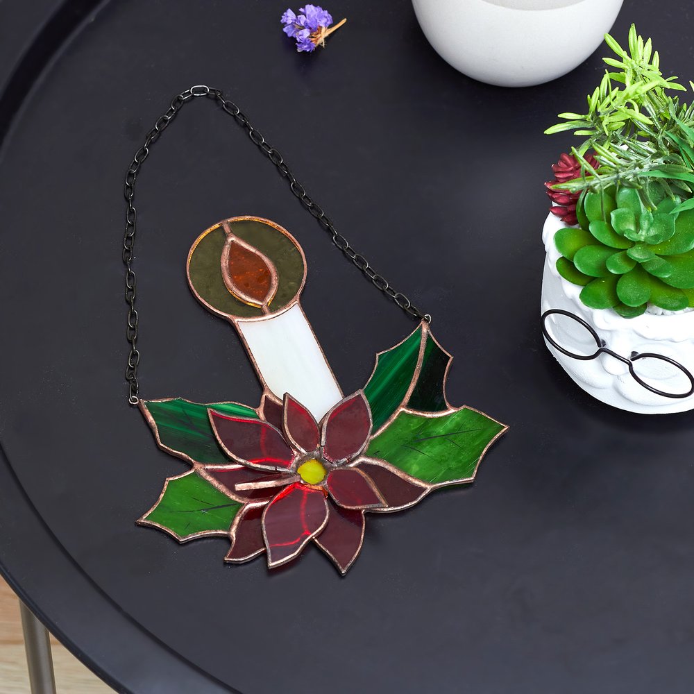 Handcrafted Christmas Poinsettia Candle Stained Glass Suncatcher