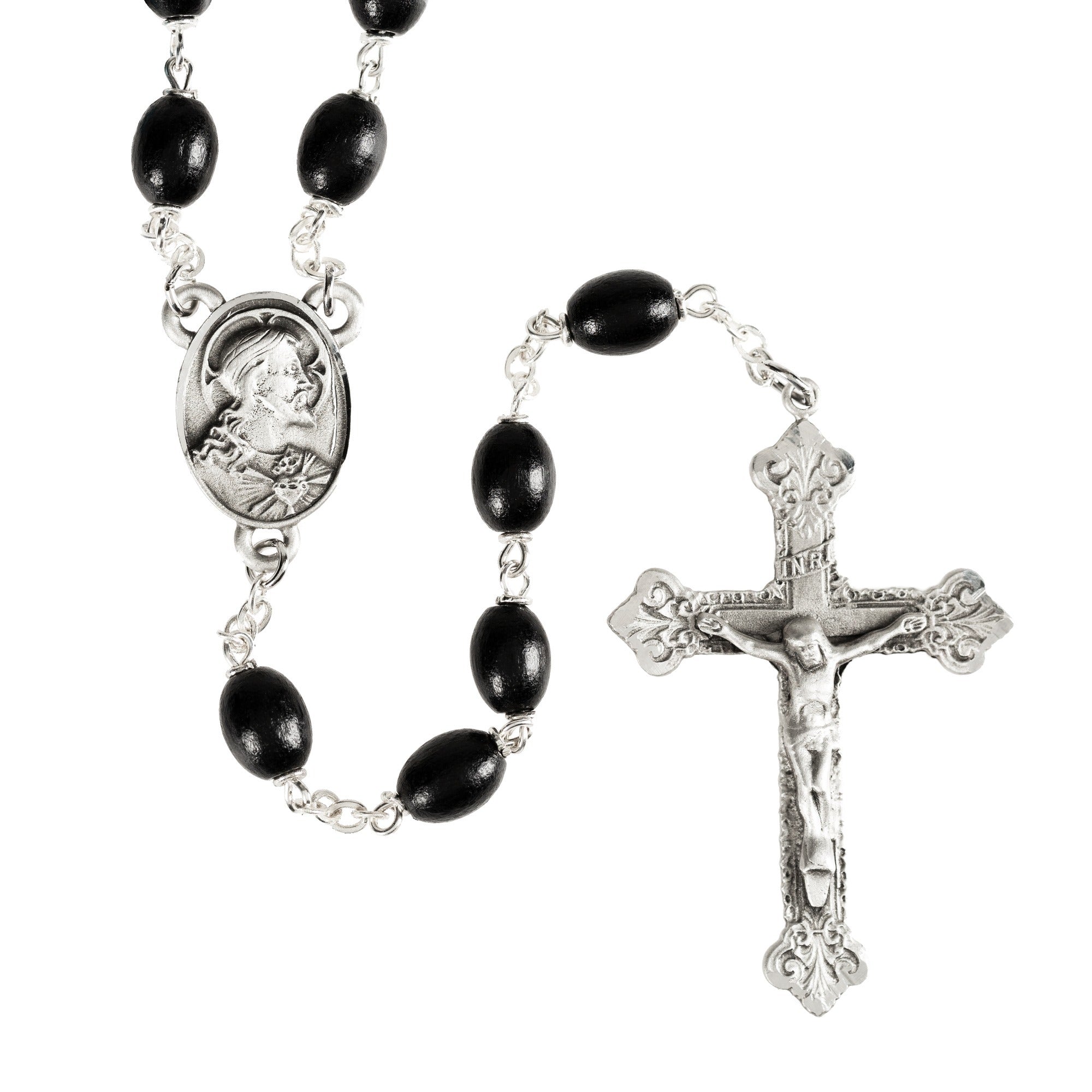 Sacred Heart Pewter Rosary in Black