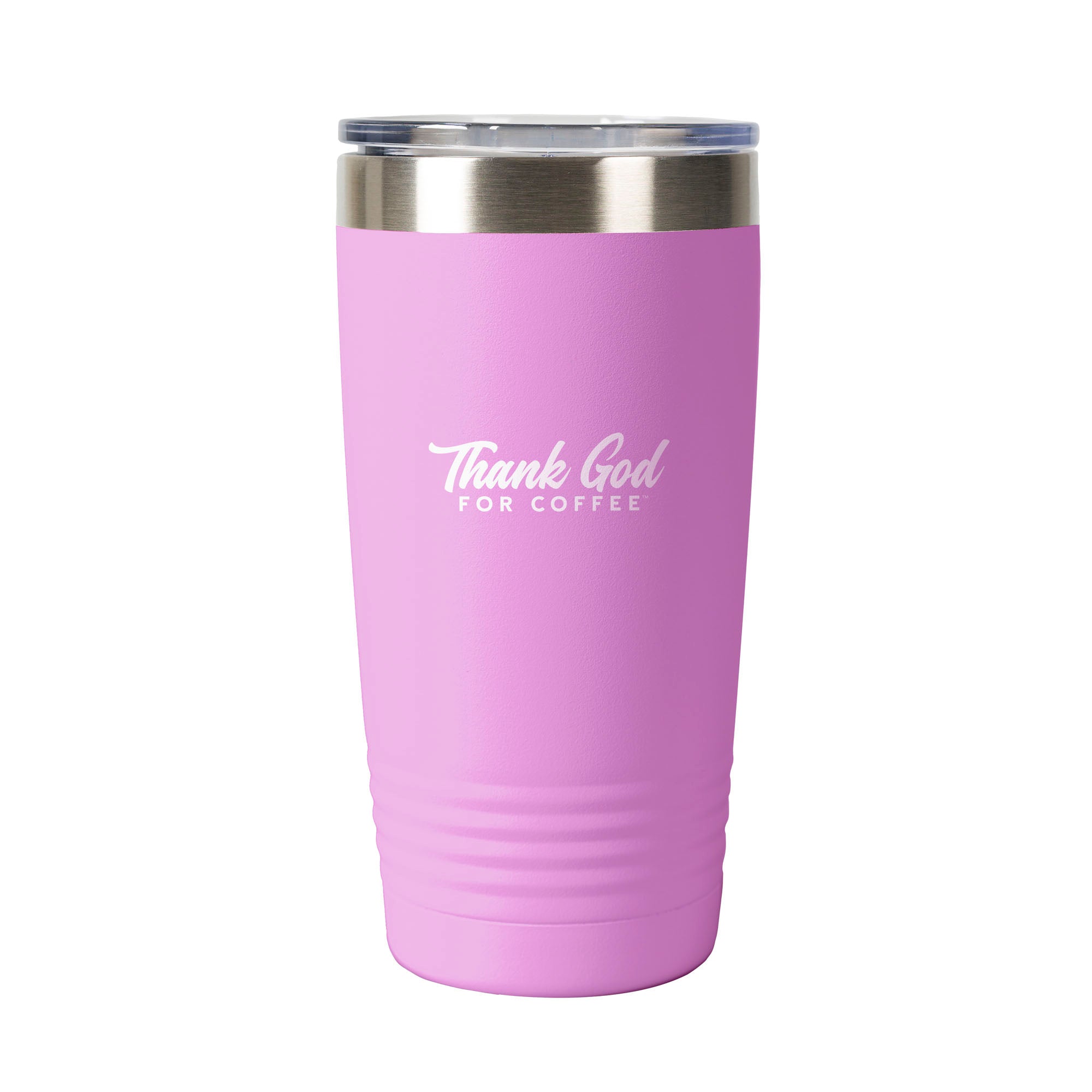 Pink, stainless steel tumbler with a silver lid, reads "Thank God for Coffee.".