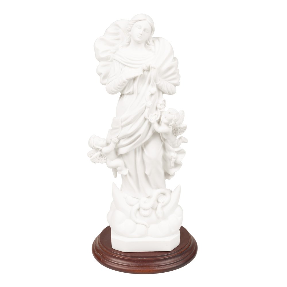 White Mary Undoer of Knots Statue on Wood Base - 13"