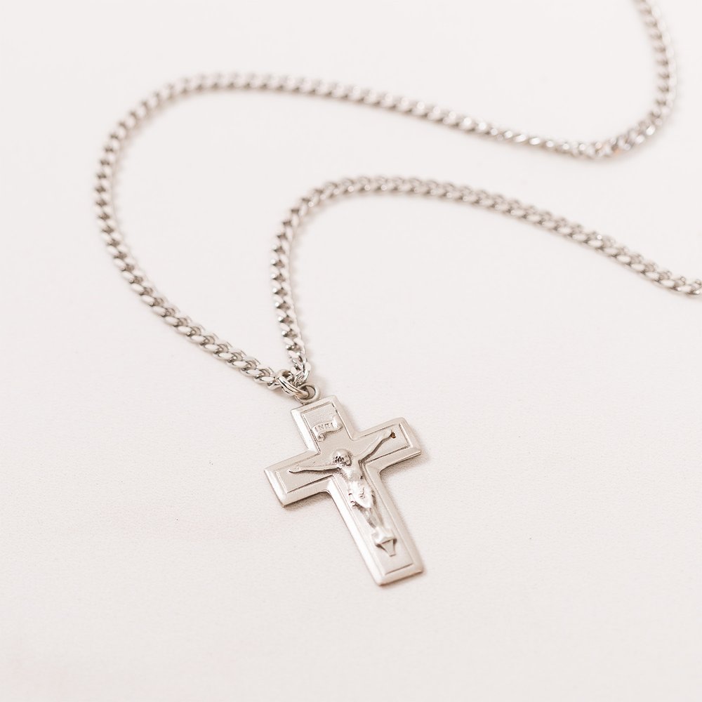 Beveled Pewter Crucifix Necklace