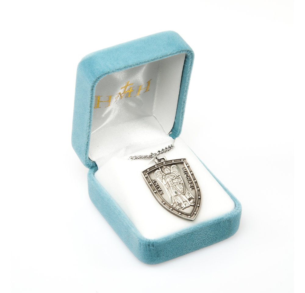 Large Sterling Silver St. Michael Shield Medal Necklace