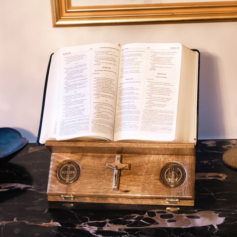 Wooden St. Benedict Medal Bible Stand