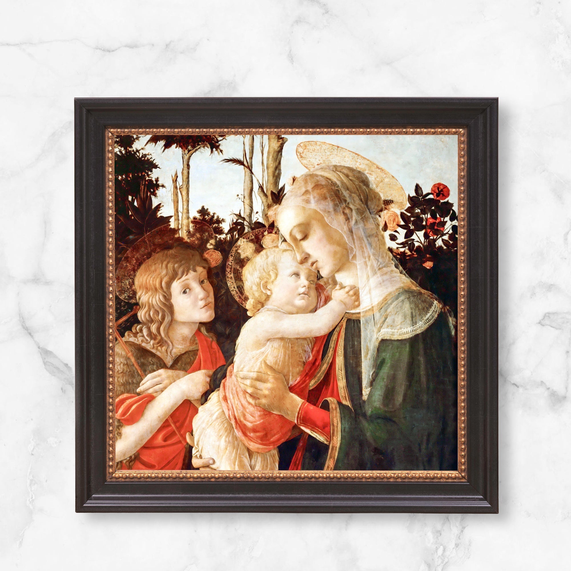 Framed canvas print. Renaissance style painting of Madonna and child, angel, dark wood frame.