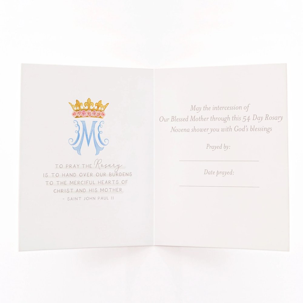 White Card with a crown, text for praying the rosary, and places to write "prayed by" and "date prayed.".