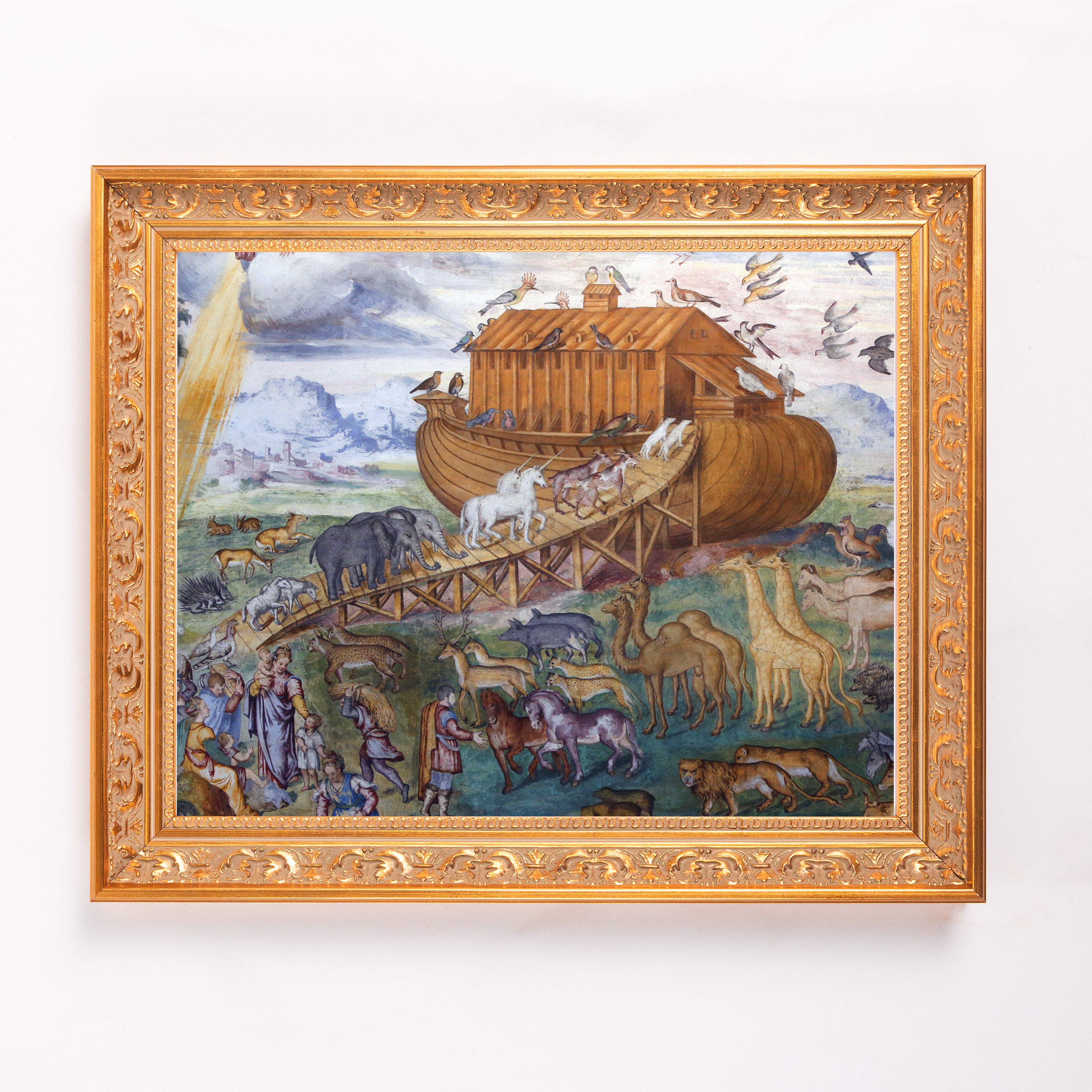 Framed painting of Noah's Ark with a gold ornate frame and muted colors illustrating the biblical story.