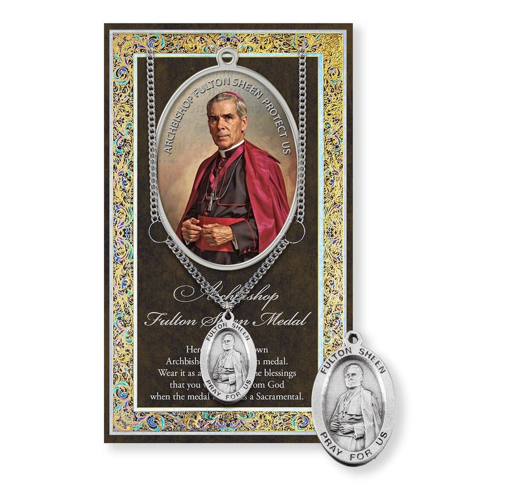 Archbishop Fulton Sheen Genuine Pewter Medal on a 24" Chain with Biography and Picture Folder