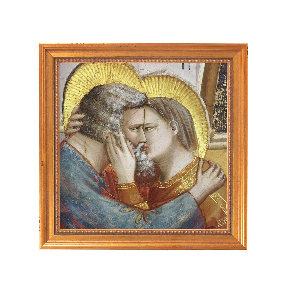 Framed painting depicting the biblical kiss on the Golden Gate, with golden halo in Renaissance style.