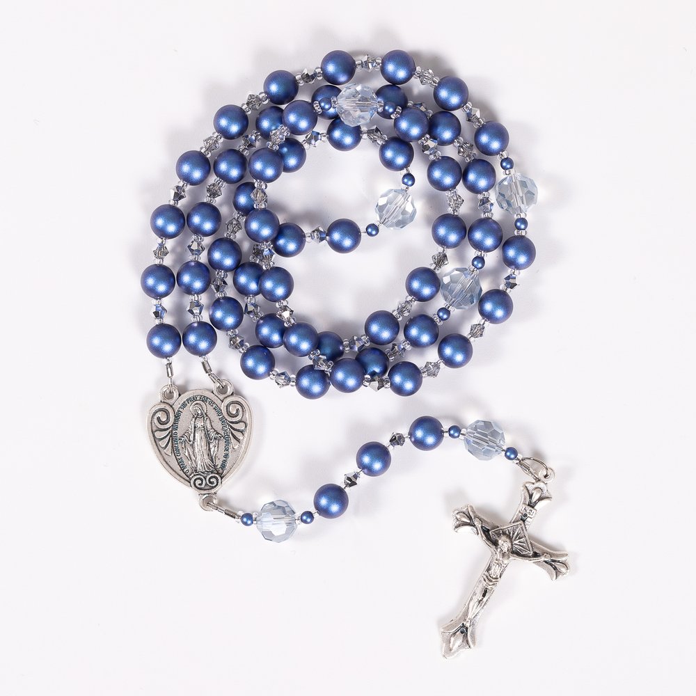 Blue Glass Pearl Miraculous Medal Rosary