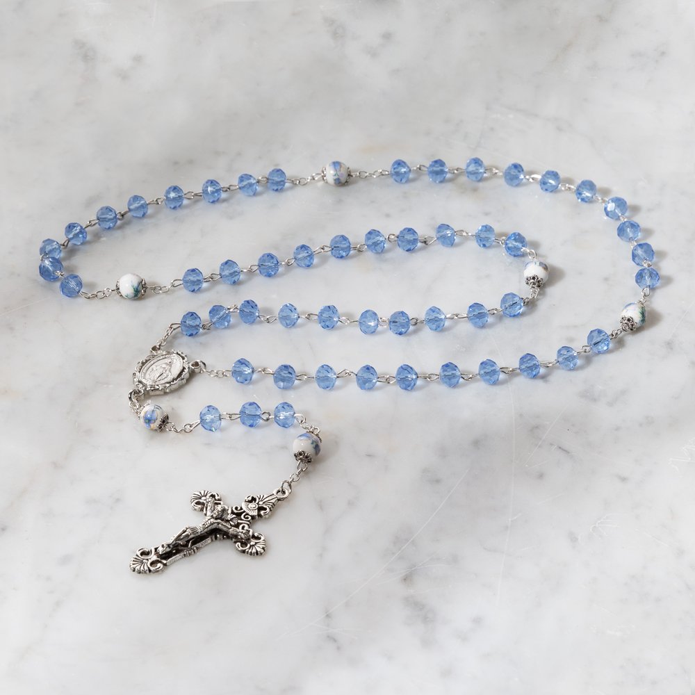 Blue Floral Miraculous Medal Rosary