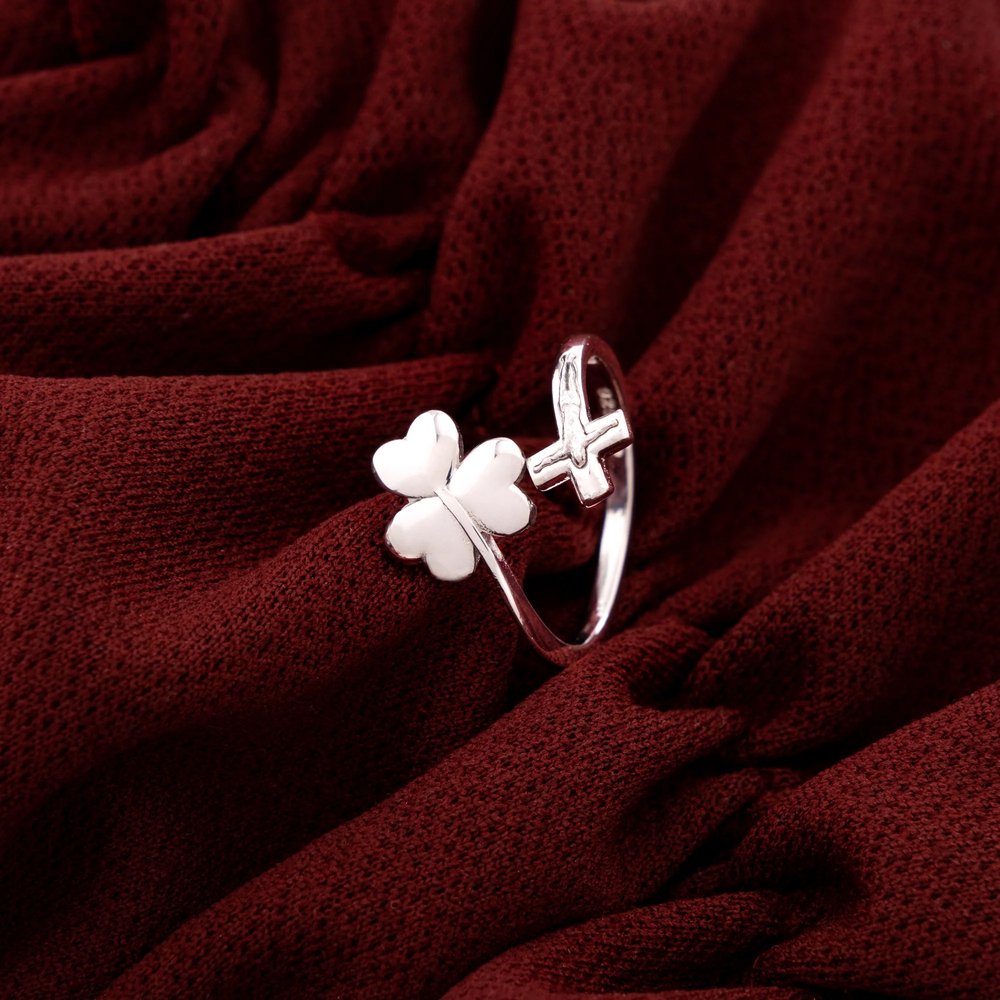 Sterling Silver Irish Trinity Clover & Horizontal Crucifix Adjustable Ring