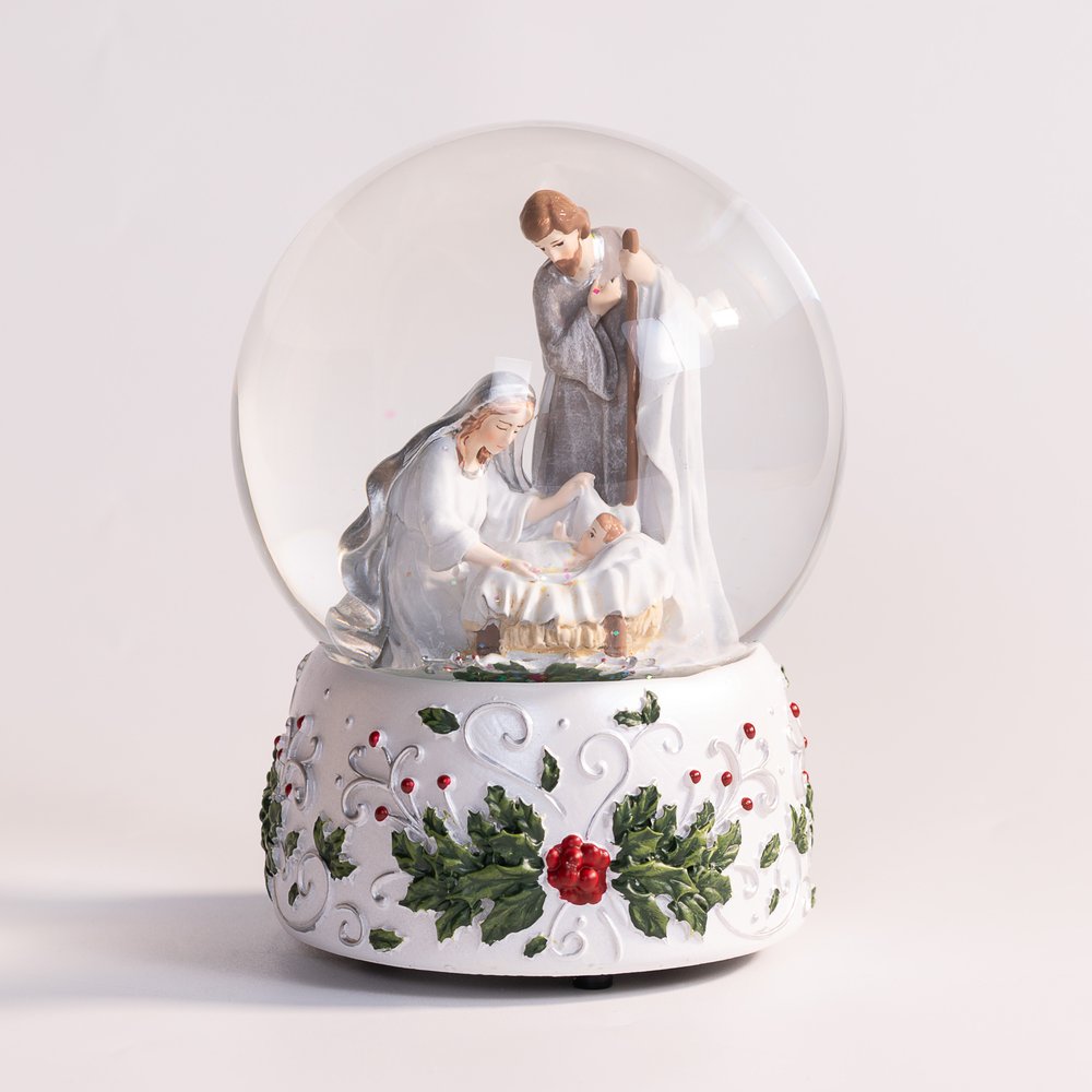 Holly Berry & Silver Holy Family Musical Snow Globe - 7" (H)