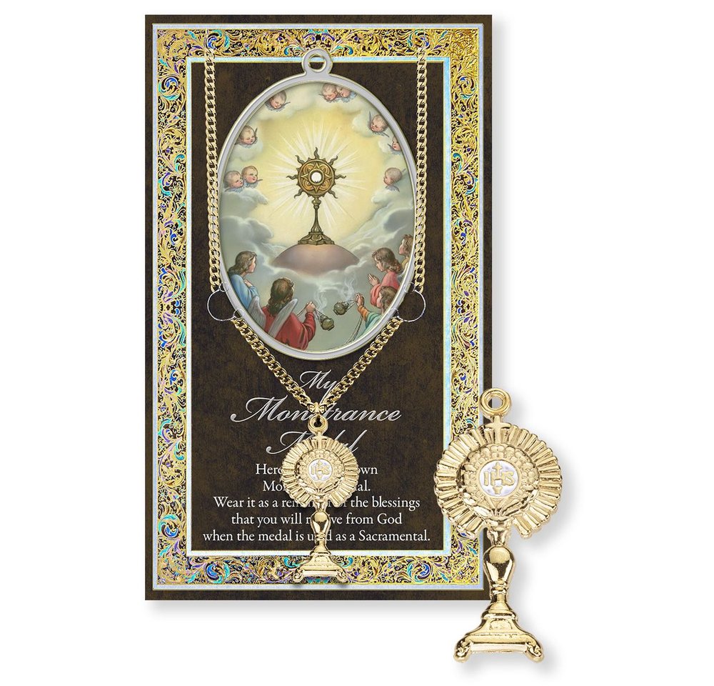 Gold Plated Holy Eucharist Monstrance Medal Necklace & Prayer Pamphlet - 24"