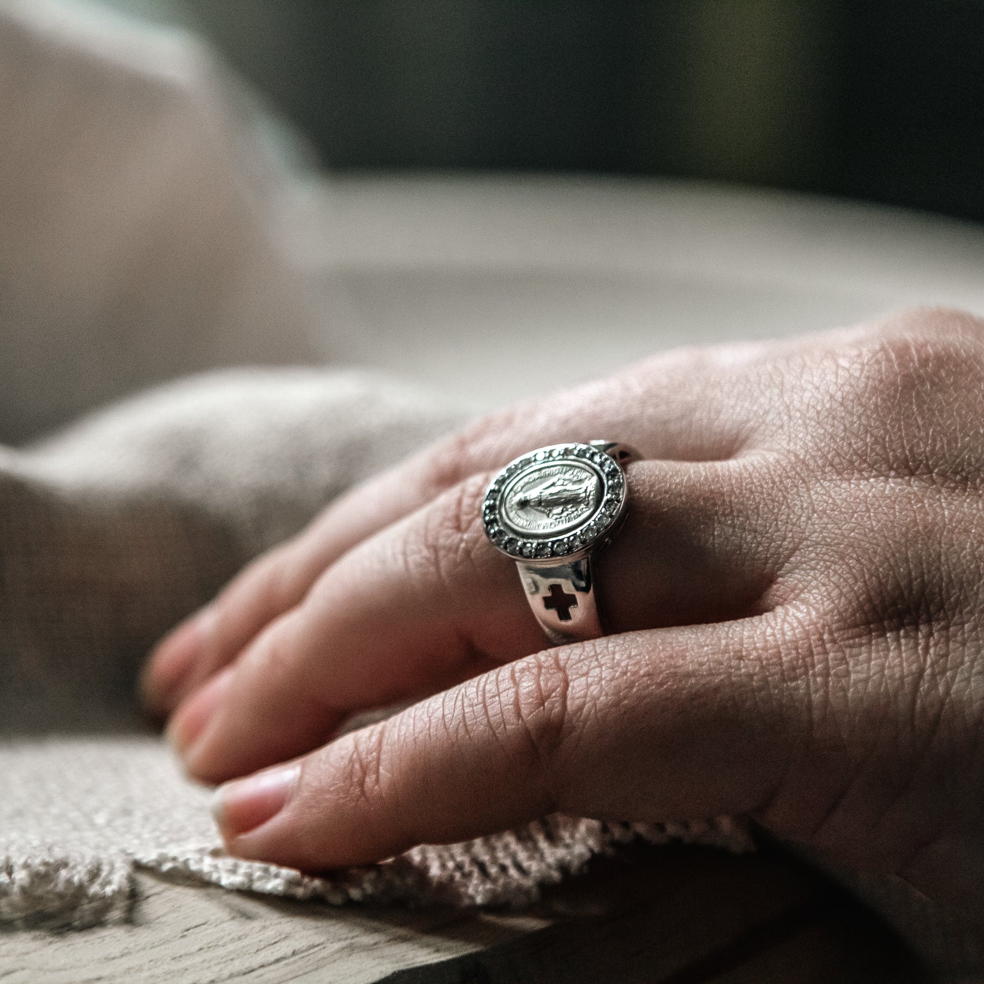 Sterling Silver Miraculous Medal Ring, w/ Crosses
