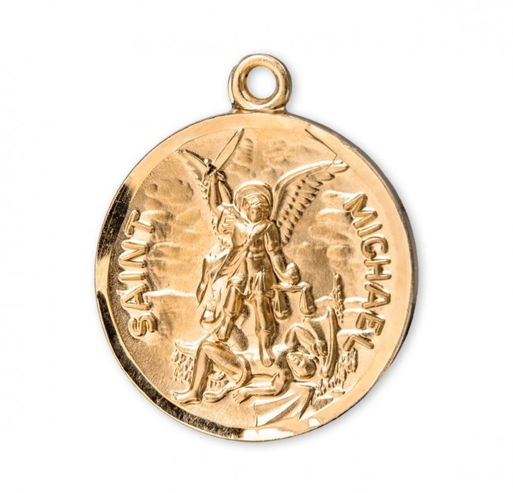 Saint Michael pendant in gold tone depicting the archangel slaying a demon on a round medallion shape.