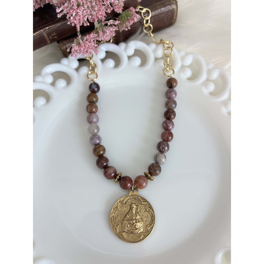 Sacred Heart Maroon Gemstone Chunky Necklace