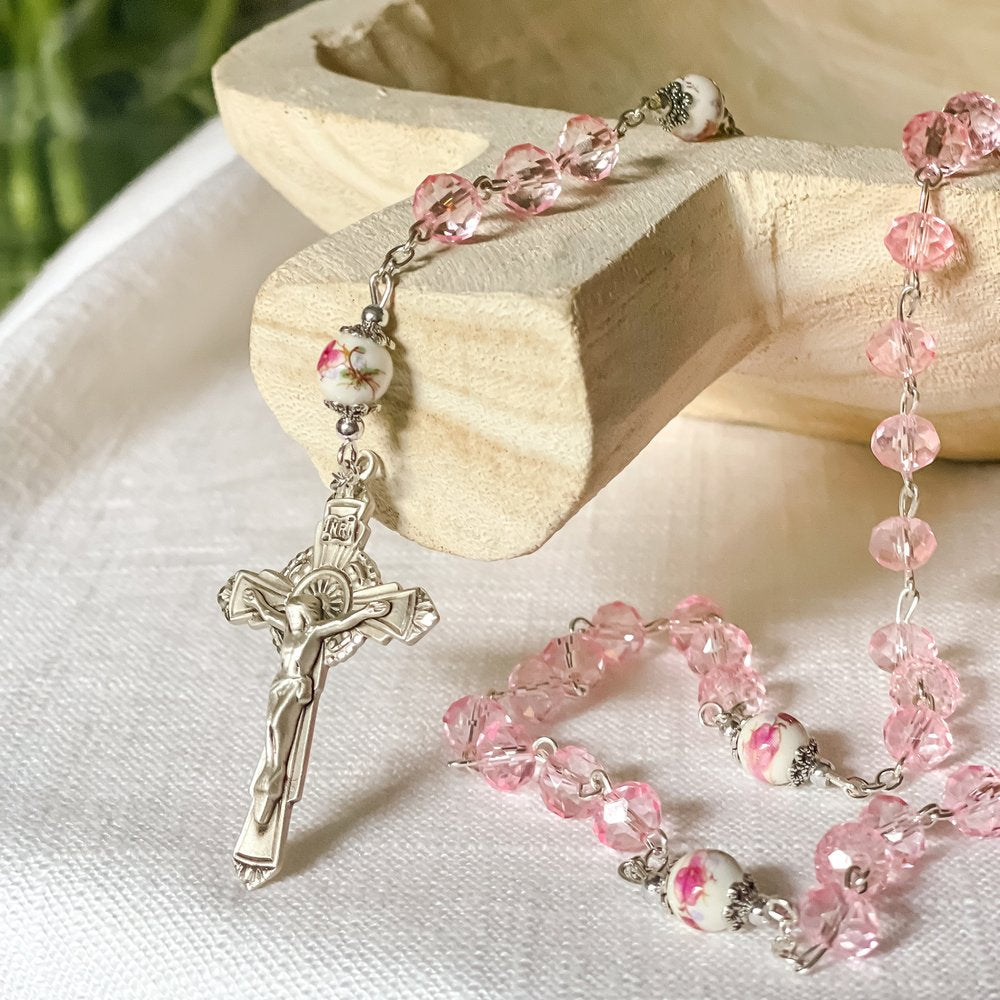 Pink Crystal Sterling Silver Miraculous Medal Rosary