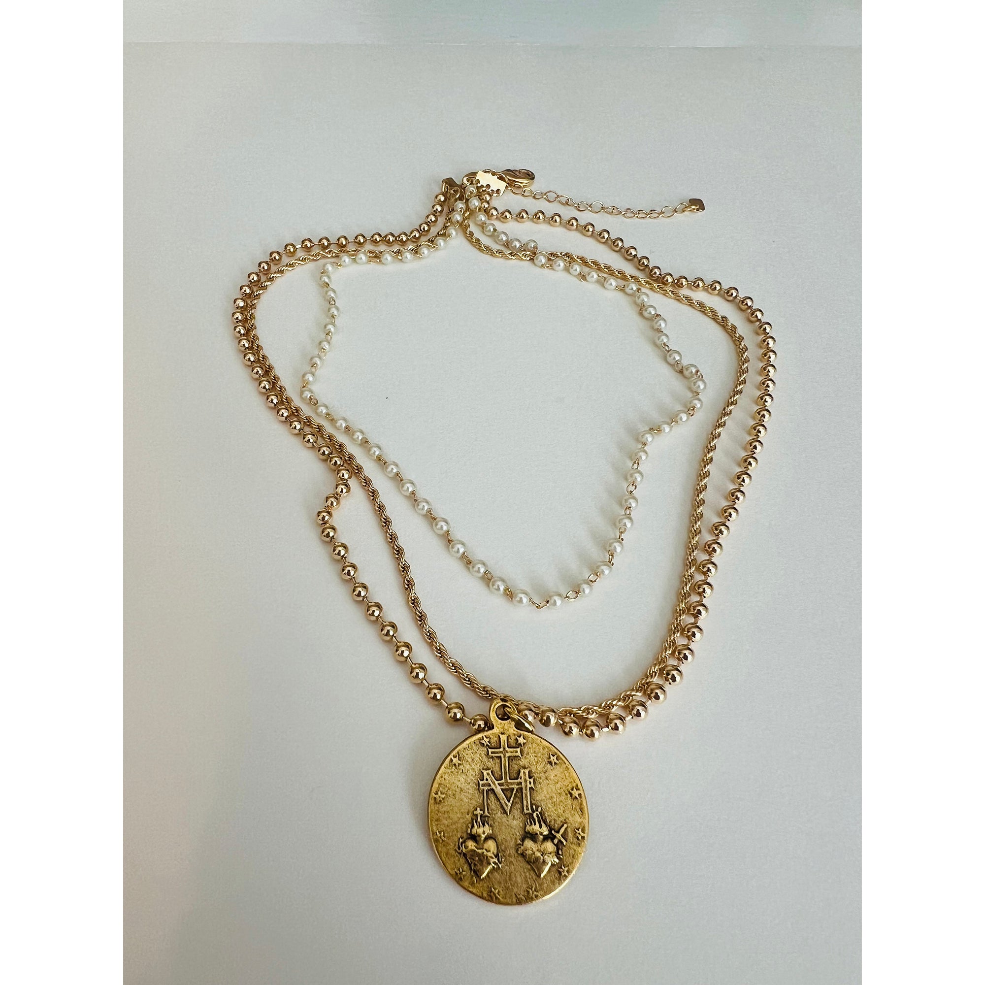 Vintage Marian Medallion Triple Chain Pearl Necklace